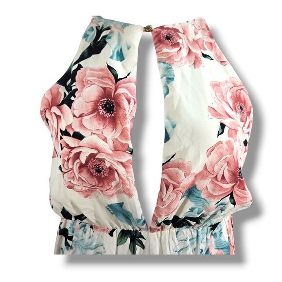 A'GACI Jumpsuit Medium Pink Multicolored Floral Peony Print Halter Wide-Leg Pant - Picture 3 of 16